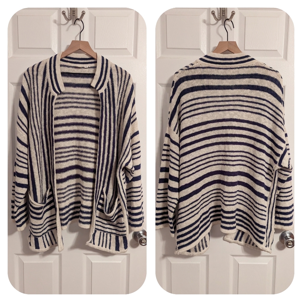 Gap Striped Knit Open Front Oversized Cardigan Navy Blue Cream